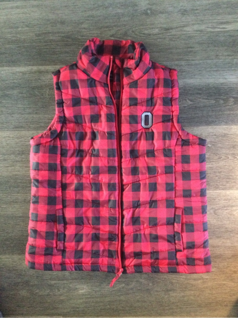 jason maxwell Ohio State Red and Black Buffalo Plaid Puffer Vest